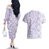 Pastel Purple Kahili Quilt Hawaii Couples Matching Off The Shoulder Long Sleeve Dress and Hawaiian Shirt Tropical Flower Seamless Half Style LT14 - Polynesian Pride