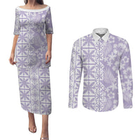 Pastel Purple Kahili Quilt Hawaii Couples Matching Puletasi and Long Sleeve Button Shirt Tropical Flower Seamless Half Style LT14 Purple - Polynesian Pride