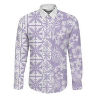 Pastel Purple Kahili Quilt Hawaii Family Matching Off Shoulder Short Dress and Hawaiian Shirt Tropical Flower Seamless Half Style LT14 Dad's Shirt - Long Sleeve Purple - Polynesian Pride