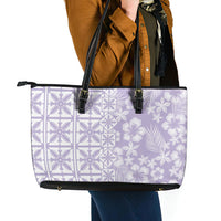 Pastel Purple Kahili Quilt Hawaii Leather Tote Bag Tropical Flower Seamless Half Style