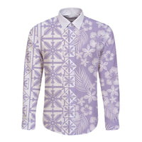 Pastel Purple Kahili Quilt Hawaii Long Sleeve Button Shirt Tropical Flower Seamless Half Style LT14 Unisex Purple - Polynesian Pride