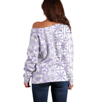 Pastel Purple Kahili Quilt Hawaii Off Shoulder Sweater Tropical Flower Seamless Half Style LT14 - Polynesian Pride