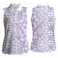 Pastel Purple Kahili Quilt Hawaii Women Sleeveless Polo Shirt Tropical Flower Seamless Half Style LT14 - Polynesian Pride