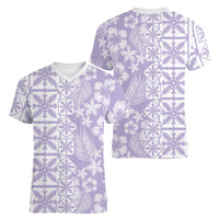 Pastel Purple Kahili Quilt Hawaii Women V-Neck T-Shirt Tropical Flower Seamless Half Style LT14 - Polynesian Pride