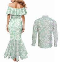 Pastel Green Kahili Quilt Hawaii Couples Matching Mermaid Dress and Long Sleeve Button Shirt Tropical Flower Seamless Half Style LT14 - Polynesian Pride