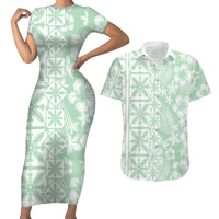 Pastel Green Kahili Quilt Hawaii Couples Matching Short Sleeve Bodycon Dress and Hawaiian Shirt Tropical Flower Seamless Half Style LT14 Green - Polynesian Pride