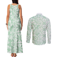 Pastel Green Kahili Quilt Hawaii Couples Matching Tank Maxi Dress and Long Sleeve Button Shirt Tropical Flower Seamless Half Style LT14 - Polynesian Pride