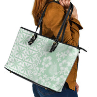 Pastel Green Kahili Quilt Hawaii Leather Tote Bag Tropical Flower Seamless Half Style LT14 - Polynesian Pride