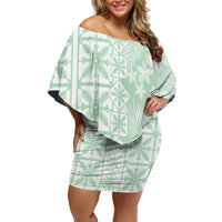 Pastel Green Kahili Quilt Hawaii Off Shoulder Short Dress Tropical Flower Seamless Half Style