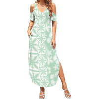 Pastel Green Kahili Quilt Hawaii Summer Maxi Dress Tropical Flower Seamless Half Style