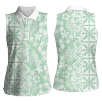 Pastel Green Kahili Quilt Hawaii Women Sleeveless Polo Shirt Tropical Flower Seamless Half Style LT14 - Polynesian Pride