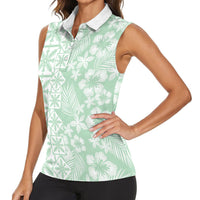 Pastel Green Kahili Quilt Hawaii Women Sleeveless Polo Shirt Tropical Flower Seamless Half Style LT14 - Polynesian Pride