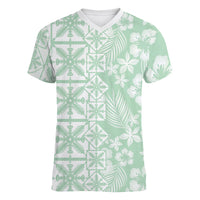 Pastel Green Kahili Quilt Hawaii Women V-Neck T-Shirt Tropical Flower Seamless Half Style LT14 Female Green - Polynesian Pride
