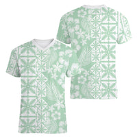 Pastel Green Kahili Quilt Hawaii Women V-Neck T-Shirt Tropical Flower Seamless Half Style LT14 - Polynesian Pride