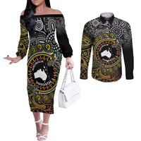 Personalised Australia And Vanuatu Couples Matching Off The Shoulder Long Sleeve Dress and Long Sleeve Button Shirt Aboriginal Lizard Polynesia Ni-Van Pig Tusk LT14 Black - Polynesian Pride