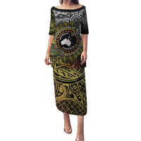 Personalised Australia And Vanuatu Family Matching Puletasi and Hawaiian Shirt Aboriginal Lizard Polynesia Ni-Van Pig Tusk LT14 Mom's Dress Black - Polynesian Pride