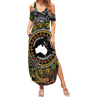 Personalised Australia And Vanuatu Family Matching Summer Maxi Dress and Hawaiian Shirt Aboriginal Lizard Polynesia Ni-Van Pig Tusk LT14 Mom's Dress Black - Polynesian Pride