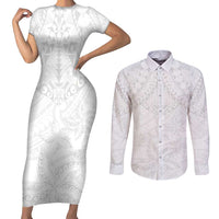 American Samoa White Sunday Couples Matching Short Sleeve Bodycon Dress and Long Sleeve Button Shirt Lotu Tamaiti Plumeria With Samoan Pattern