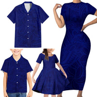 Blue Polynesia Family Matching Short Sleeve Bodycon Dress and Hawaiian Shirt Polynesian Pattern Mix Plumeria LT14 - Polynesian Pride