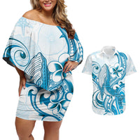 Blue Hawaii Humpback Whale Couples Matching Off Shoulder Short Dress and Hawaiian Shirt Polynesian Tribal Ocean Vibes