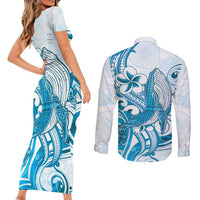 Blue Hawaii Humpback Whale Couples Matching Short Sleeve Bodycon Dress and Long Sleeve Button Shirt Polynesian Tribal Ocean Vibes