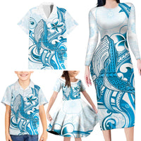 Blue Hawaii Humpback Whale Family Matching Long Sleeve Bodycon Dress and Hawaiian Shirt Polynesian Tribal Ocean Vibes