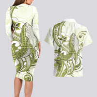 Lime Green Hawaii Couples Matching Long Sleeve Bodycon Dress and Hawaiian Shirt Humpback Whale Tattoo Polynesian Tribal Ocean Vibes