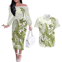 Lime Green Hawaii Couples Matching Off The Shoulder Long Sleeve Dress and Hawaiian Shirt Humpback Whale Tattoo Polynesian Tribal Ocean Vibes