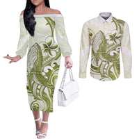 Lime Green Hawaii Couples Matching Off The Shoulder Long Sleeve Dress and Long Sleeve Button Shirt Humpback Whale Tattoo Polynesian Tribal Ocean Vibes