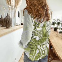 Lime Green Hawaii Women Casual Shirt Humpback Whale Tattoo Polynesian Tribal Ocean Vibes