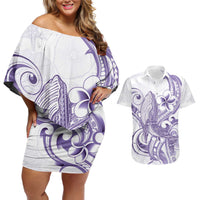 Purple Hawaii Couples Matching Off Shoulder Short Dress and Hawaiian Shirt Humpback Whale Tattoo Polynesian Tribal Ocean Vibes