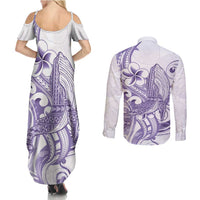 Purple Hawaii Couples Matching Summer Maxi Dress and Long Sleeve Button Shirt Humpback Whale Tattoo Polynesian Tribal Ocean Vibes