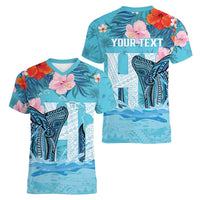 Personalised Hawaii Women V-Neck T-Shirt Humpback Whale Tattoo With Tropical Flowers