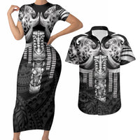 Tiki Drum Hawaii Couples Matching Short Sleeve Bodycon Dress and Hawaiian Shirt Hawaiian Kakau Tattoo Style