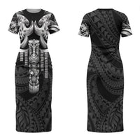 Tiki Drum Hawaii Couples Matching Short Sleeve Bodycon Dress and Hawaiian Shirt Hawaiian Kakau Tattoo Style