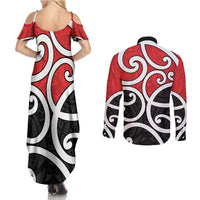 New Zealand Couples Matching Summer Maxi Dress and Long Sleeve Button Shirt Maori Koru Tino Rangatiratanga Color - Polynesian Pride