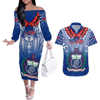 Custom Samoa Rugby Couples Matching Off The Shoulder Long Sleeve Dress and Hawaiian Shirt 2023 Go Manu Samoa With Ula Fala Style LT14 Blue - Polynesian Pride