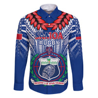 Custom Samoa Rugby Family Matching Off Shoulder Long Sleeve Dress and Hawaiian Shirt 2023 Go Manu Samoa With Ula Fala Style LT14 Dad's Shirt - Long Sleeve Blue - Polynesian Pride