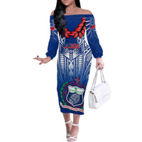 Custom Samoa Rugby Family Matching Off Shoulder Long Sleeve Dress and Hawaiian Shirt 2023 Go Manu Samoa With Ula Fala Style LT14 Mom's Dress Blue - Polynesian Pride