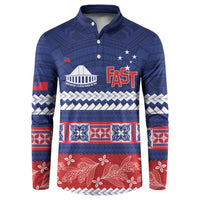 Personalised FAST Samoa Siapo Button Sweatshirt Teuila Flowers Samoan Pattern LT14 Blue - Polynesian Pride