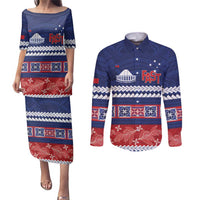 Personalised FAST Samoa Siapo Couples Matching Puletasi and Long Sleeve Button Shirt Teuila Flowers Samoan Pattern LT14 Blue - Polynesian Pride