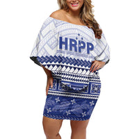 Personalised HRPP Samoa Siapo Off Shoulder Short Dress Teuila Flowers Samoan Pattern LT14 Women White - Polynesian Pride
