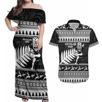 New Zealand Christmas Rugby Personalised Couples Matching Off Shoulder Maxi Dress and Hawaiian Shirt Meri Kirihimete All Black Maori - Polynesian Pride