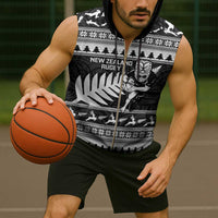 New Zealand Christmas Rugby Personalised Sleeveless Zip Hoodie Meri Kirihimete All Black Maori - Polynesian Pride