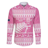 New Zealand Christmas Rugby Personalised Family Matching Long Sleeve Bodycon Dress and Hawaiian Shirt Meri Kirihimete All Black Maori Pink Version - Polynesian Pride