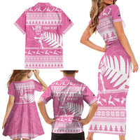 New Zealand Christmas Rugby Personalised Family Matching Short Sleeve Bodycon Dress and Hawaiian Shirt Meri Kirihimete All Black Maori Pink Version - Polynesian Pride