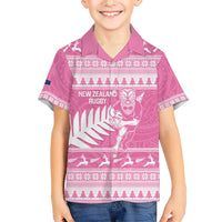 New Zealand Christmas Rugby Personalised Family Matching Short Sleeve Bodycon Dress and Hawaiian Shirt Meri Kirihimete All Black Maori Pink Version - Polynesian Pride