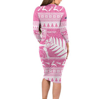 New Zealand Christmas Rugby Personalised Long Sleeve Bodycon Dress Meri Kirihimete All Black Maori Pink Version - Polynesian Pride