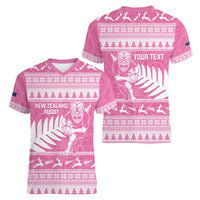 New Zealand Christmas Rugby Personalised Women V-Neck T-Shirt Meri Kirihimete All Black Maori Pink Version - Polynesian Pride