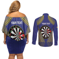 Personalised Niue Darts Couples Matching Off Shoulder Short Dress and Long Sleeve Button Shirt Dart Board Hiapo Pattern - Polynesian Pride